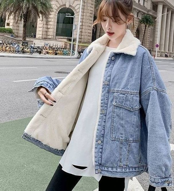 Women's Loose-Fit Denim Jacket With Velvet Lining – Classic Indigo & Black Winter Workwear Style_mkmklike.com