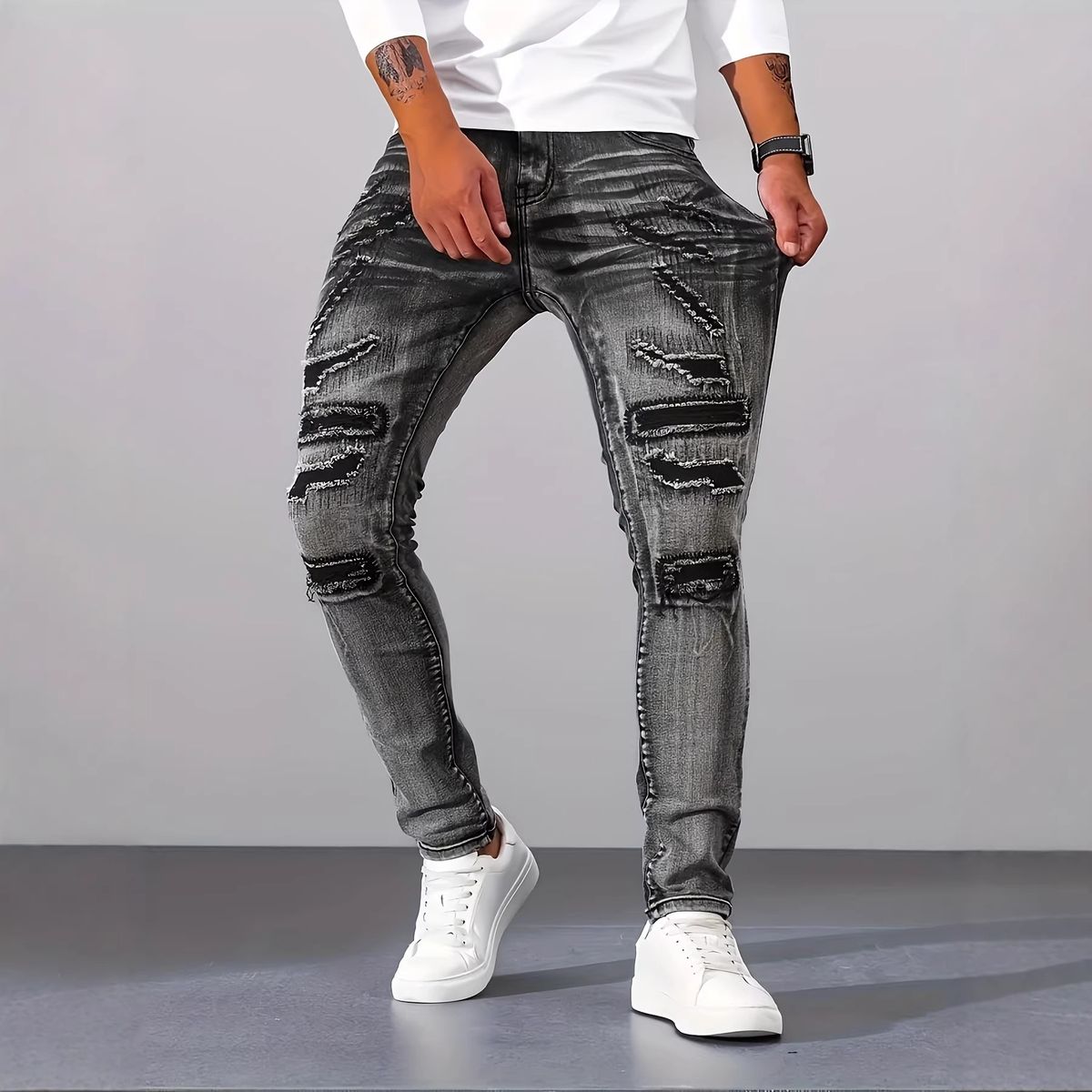 Men's Slim Fit Stretch Jeans – Silver Grey Washed Denim With Strategic Rips & Hand-Sanded Details (S-2xl, Mid-Rise Straight Leg, Comfort Flex Fabric)_mkmklike.com