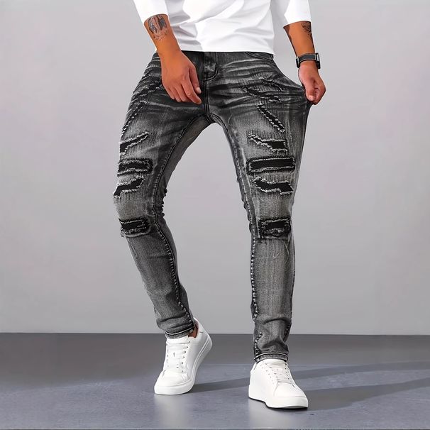 Men's Slim Fit Stretch Jeans – Silver Grey Washed Denim With Strategic Rips & Hand-Sanded Details (S-2xl, Mid-Rise Straight Leg, Comfort Flex Fabric)_mkmklike.com