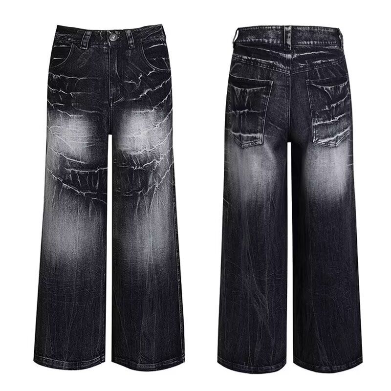 Unisex Distressed Tie-Dye Jeans – Oversized Wide-Leg Streetwear Pants With Lightning Wash & Retro Drop-Cuff Hem_mkmklike.com