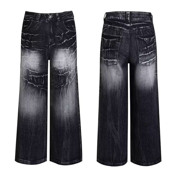 Unisex Distressed Tie-Dye Jeans – Oversized Wide-Leg Streetwear Pants With Lightning Wash & Retro Drop-Cuff Hem_mkmklike.com