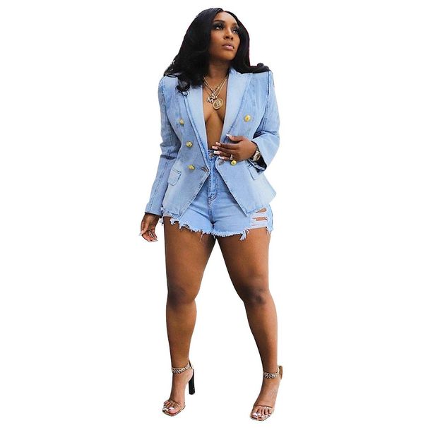Women's Clothing New Slim Fit Double Breasted Lion Button Denim Suit Jacket_mkmklike.com