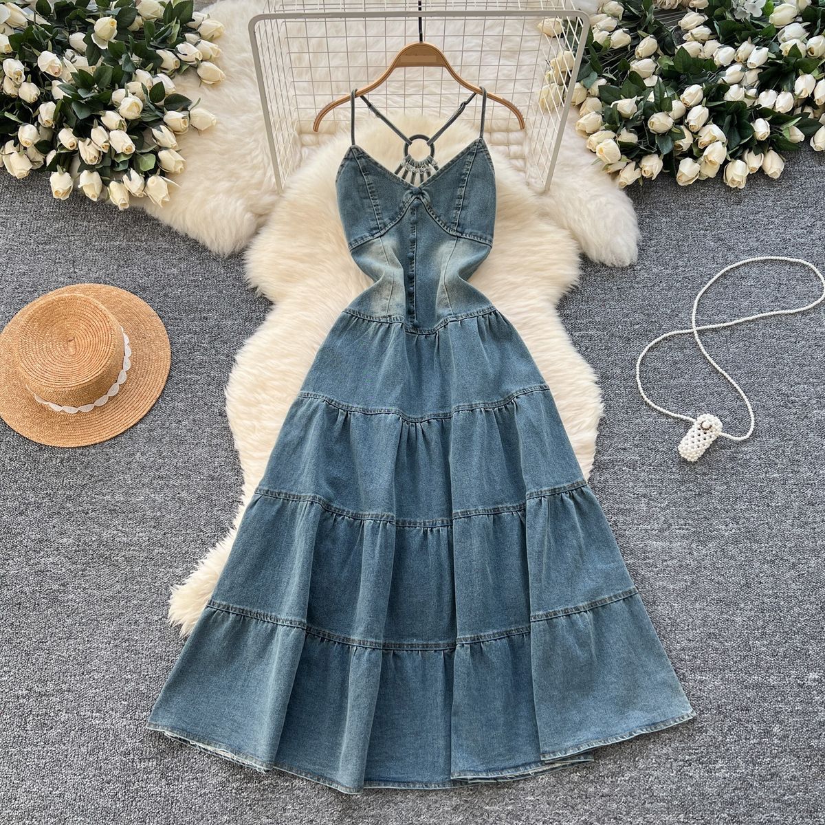Women's Clothing Niche High-end Hollow Backless Sling Bow Strap Tight Waist Slimming Denim Dress Women_mkmklike.com