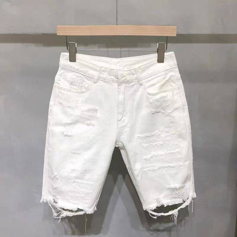Men's Clothing Ripped denim shorts men's summer thin loose straight cat whisker white five-point pants trendy brand mid-length pants_mkmklike.com