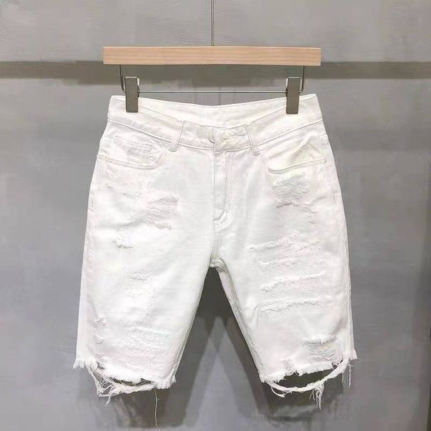 Men's Clothing Ripped denim shorts men's summer thin loose straight cat whisker white five-point pants trendy brand mid-length pants_mkmklike.com
