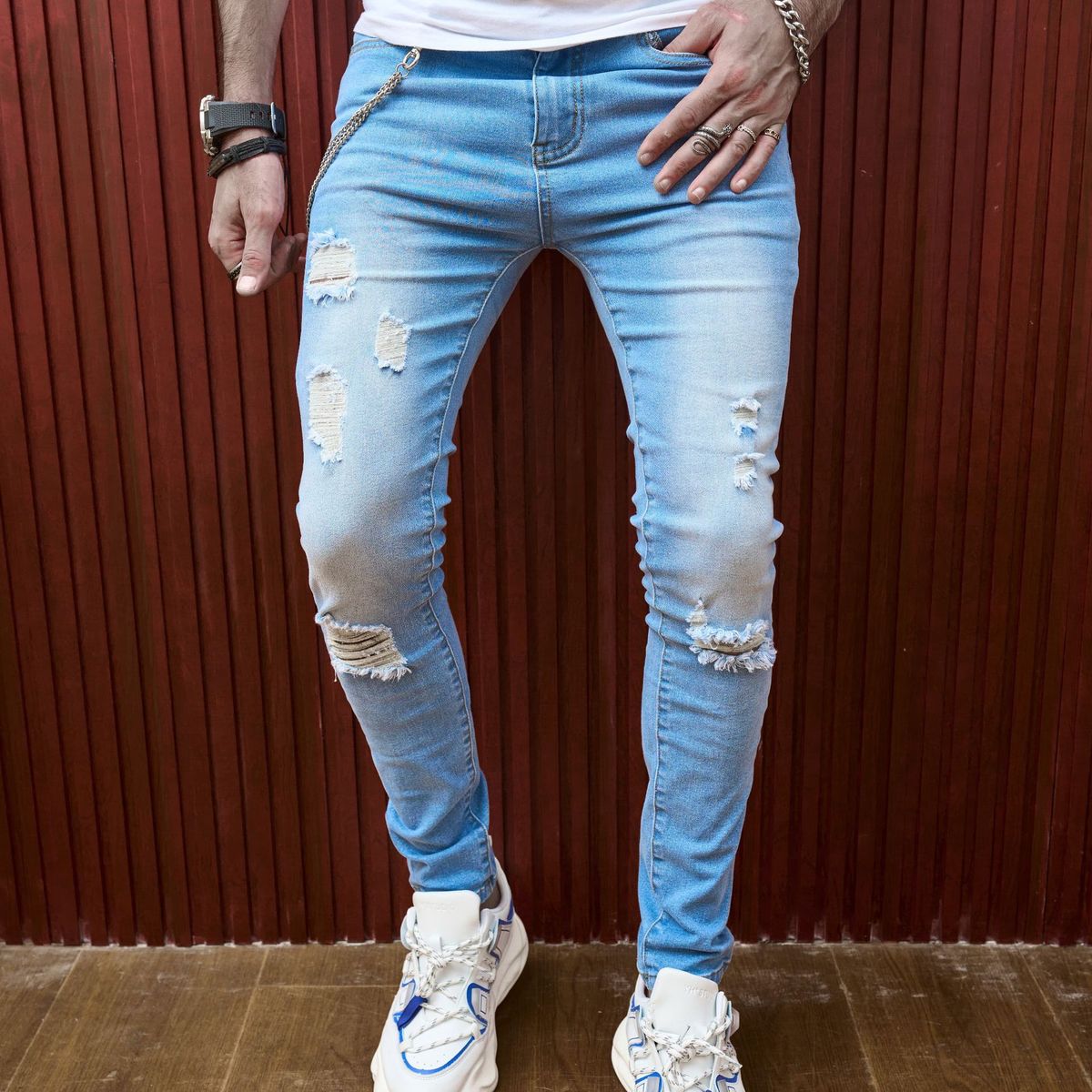 Denim High Street Trendy Brand Holes And Fit, Elastic Jeans With Small Feet, Men's Slim Fit_mkmklike.com