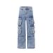 Men's American Vintage Washed Denim Cargo Pants Multi-Pocket Streetwear Straight Leg Casual Jeans_mkmklike.com