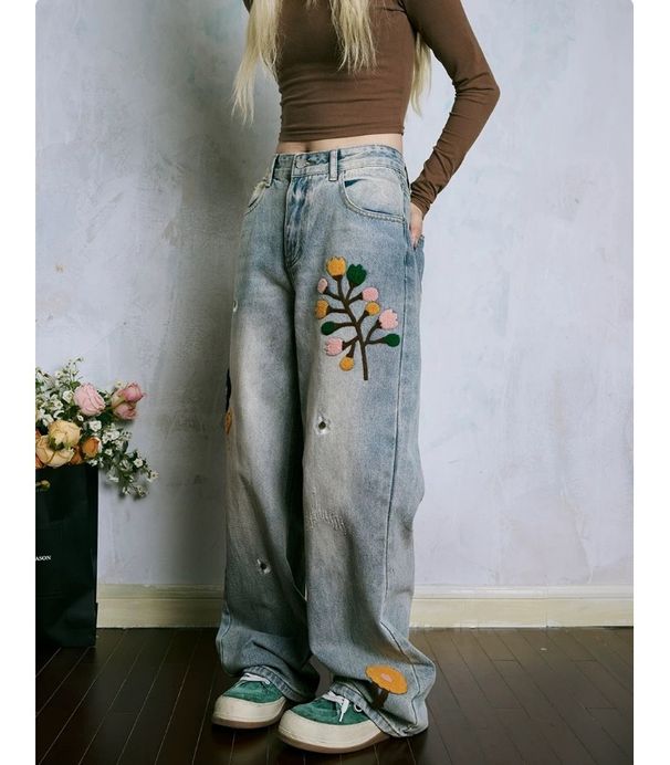 Vintage High Waist Flared Jeans Distressed Denim for Women And Men Retro Streetwear Style Light Blue S-3XL Trendy Classic Fit_mkmklike.com