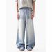 Vintage Distressed Light Blue Bleached Jeans for Men Versatile Wide Leg Pants American Style Vibe Washed Midweight Softener Fabric_mkmklike.com