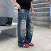 Vintage Distressed Denim Jeans For Men & Women - Relaxed Straight Leg High Street Style With Hand-Painted Details (Blue, Multiple Sizes)_mkmklike.com