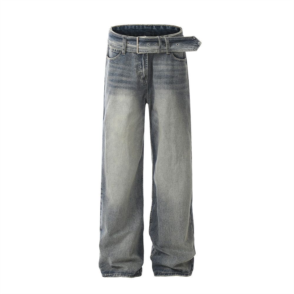 Men's Vintage Washed Denim Jeans - 90s Streetwear Belted Wide-Leg Pants, Distressed Light Blue Straight Fit_mkmklike.com
