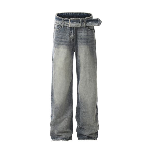 Men's Vintage Washed Denim Jeans - 90s Streetwear Belted Wide-Leg Pants, Distressed Light Blue Straight Fit_mkmklike.com