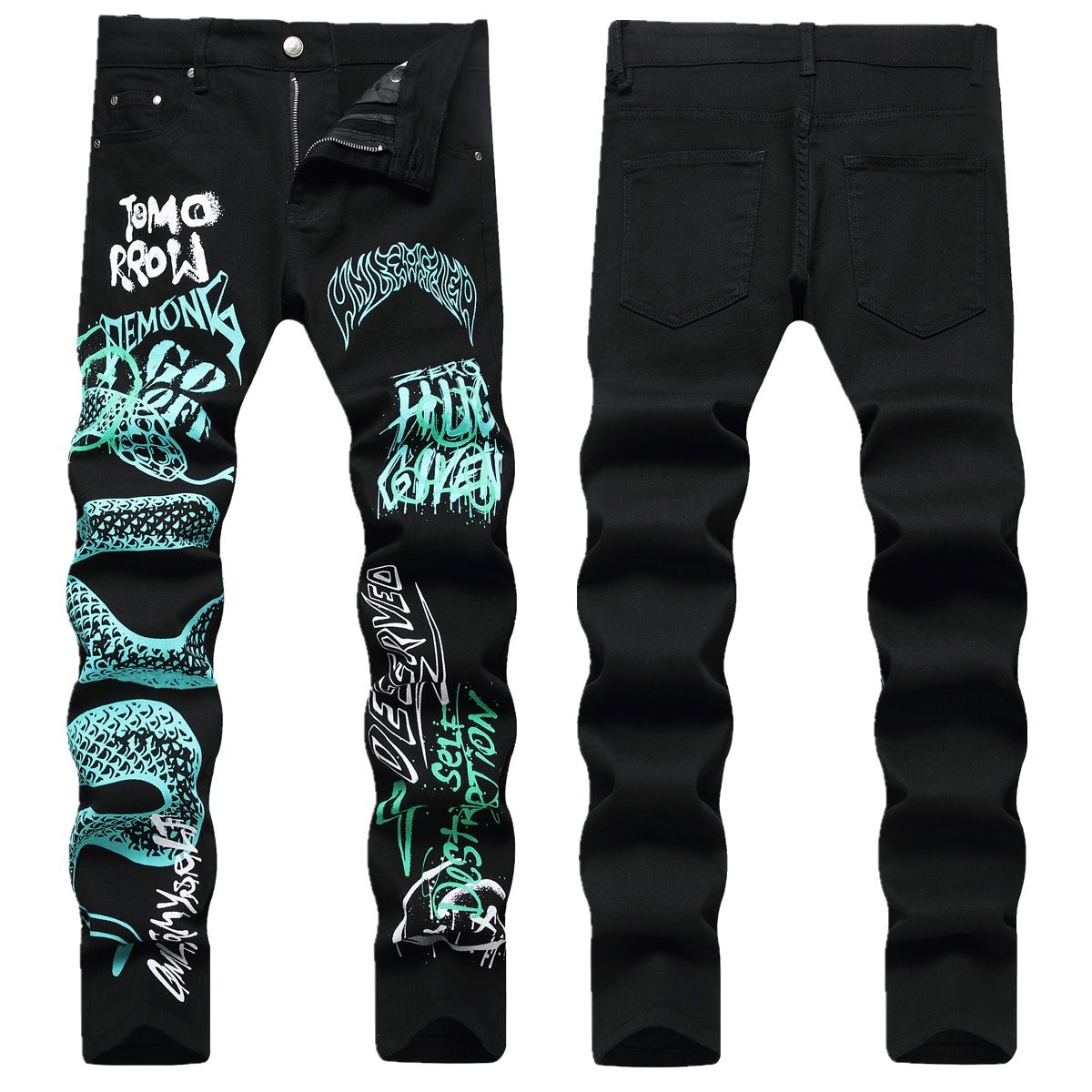 Men's Clothing Printed Black Slim Fit Streetwear Printed Skinny Jeans - Stretch Slim Fit Denim Pants With Digital Print For Men's Hip-Hop Fashion_mkmklike.com