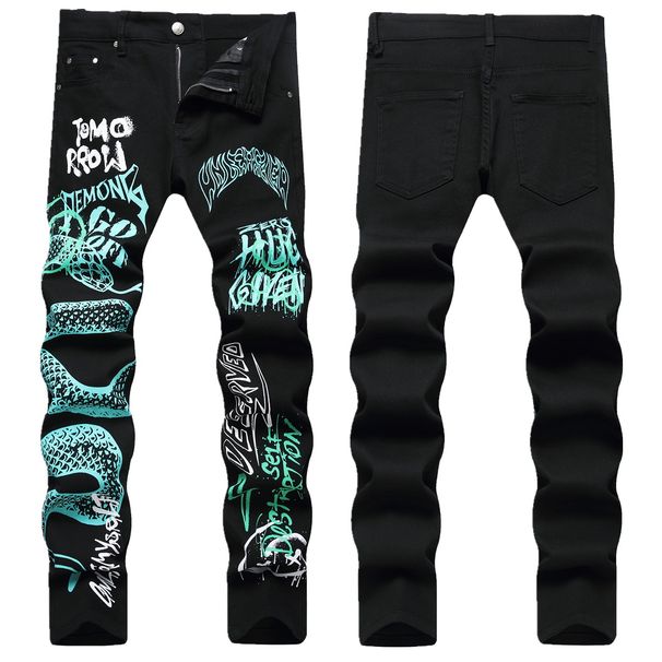 Men's Clothing Printed Black Slim Fit Streetwear Printed Skinny Jeans - Stretch Slim Fit Denim Pants With Digital Print For Men's Hip-Hop Fashion_mkmklike.com