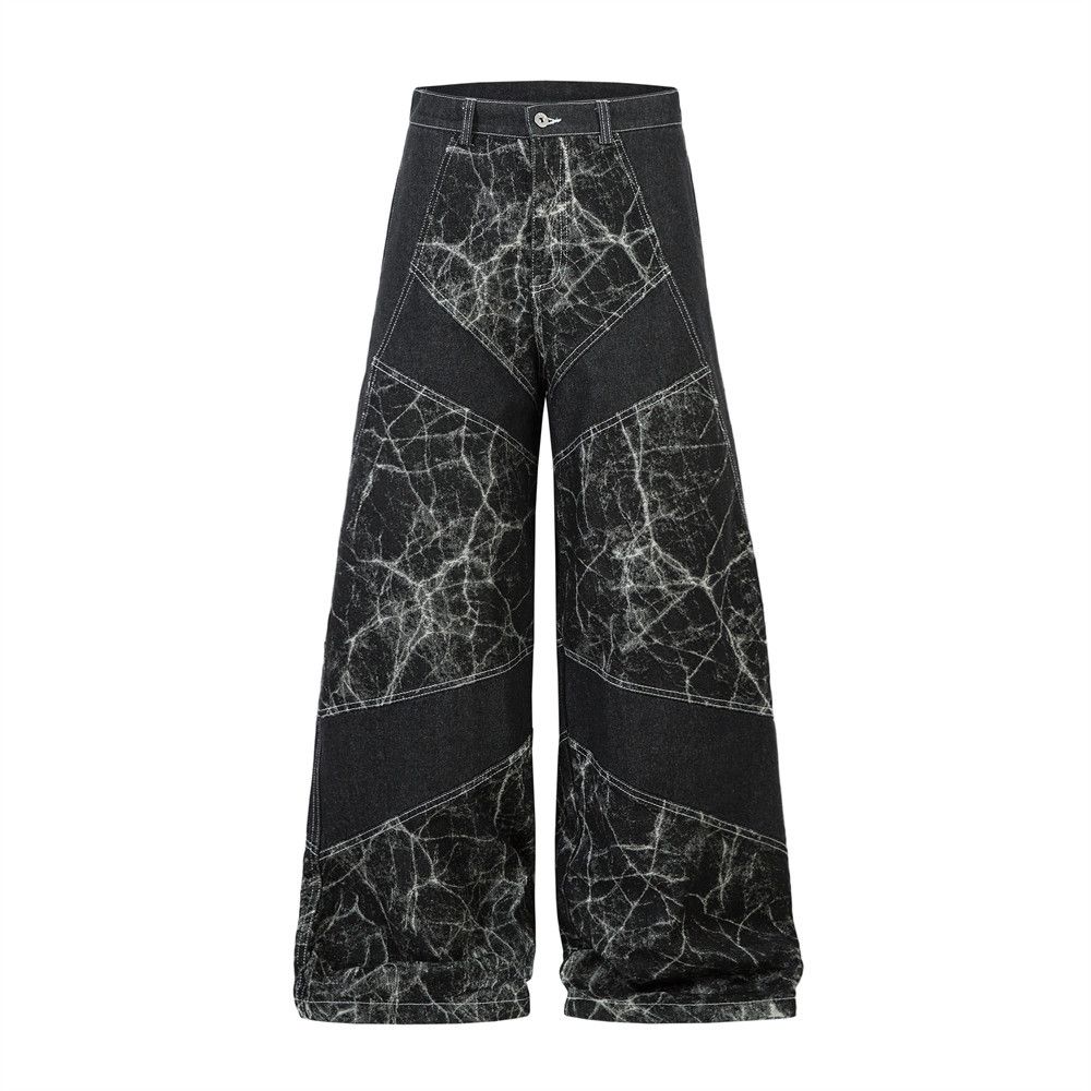 Unique Men's Design Denim With Lightning Crack Heavy-duty Distressed Washed Deconstructed Cut Patchwork Wide-leg Pants_mkmklike.com