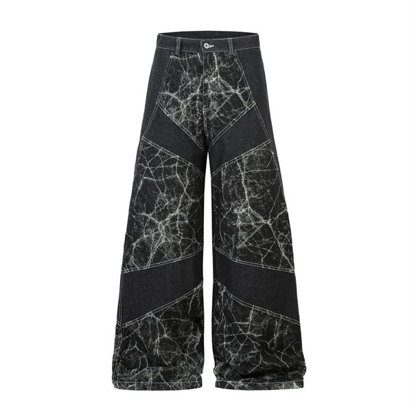 Unique Men's Design Denim With Lightning Crack Heavy-duty Distressed Washed Deconstructed Cut Patchwork Wide-leg Pants_mkmklike.com