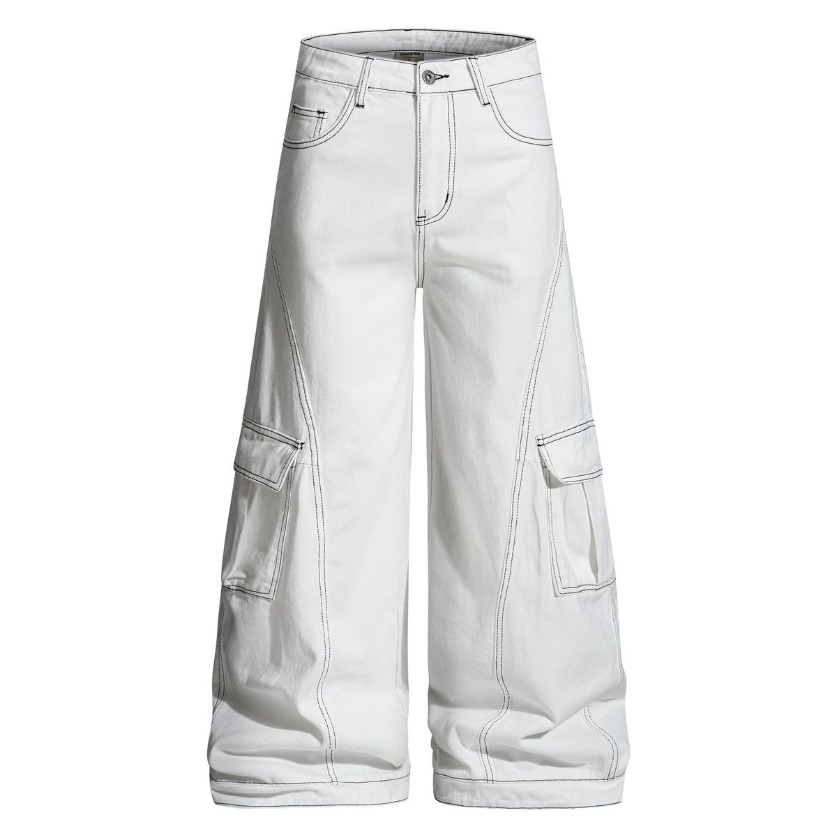 Contrast Stitch Wide-Leg Cargo Pants – Unisex Streetwear Utility Trousers With Drop-Crotch & Multi-Pocket Design_mkmklike.com