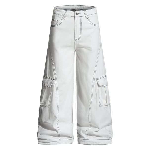 Contrast Stitch Wide-Leg Cargo Pants – Unisex Streetwear Utility Trousers With Drop-Crotch & Multi-Pocket Design_mkmklike.com
