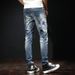 Spring Autumn New Korean Style Men's Slim Fit Straight Leg Jeans With Distressed Rips, Embroidered Patches, And Graffiti_mkmklike.com