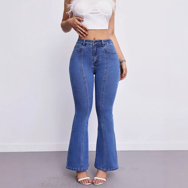 Women's Slimming High Elasticity Jeans mid Waist Flared Pants European American Style Fashionable Versatile Solid Color Cotton Denim_mkmklike.com