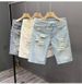 Light Blue Ripped Denim Shorts for Men Trendy Slim Fit Mid-Length Summer Trend Youth Pants_mkmklike.com