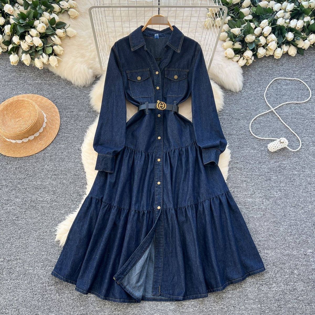 Sophisticated Denim Midi Dress – High-Waisted A-Line With Belt & Polo Collar, Stretch Polyester Blend For Office Elegance (S-Xl, Navy)_mkmklike.com