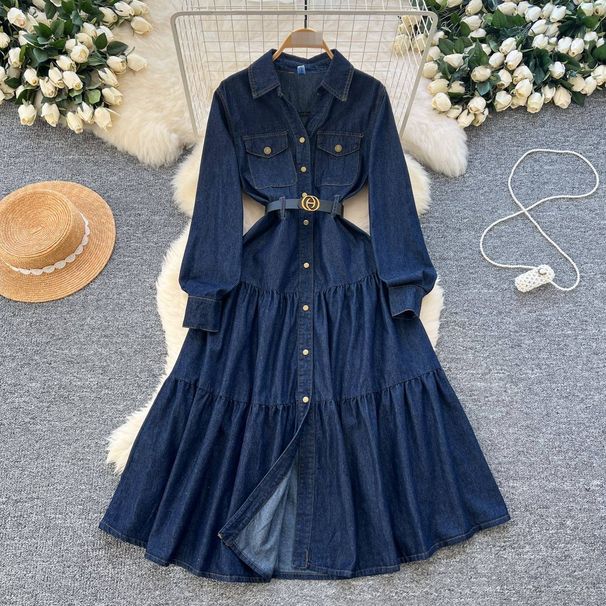Sophisticated Denim Midi Dress – High-Waisted A-Line With Belt & Polo Collar, Stretch Polyester Blend For Office Elegance (S-Xl, Navy)_mkmklike.com