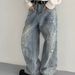 Vintage Washed Wide-Leg Jeans For Women – 90s Retro High-Waisted Flared Pants With Distressed Details ( Oversized Fit, Blue Denim)_mkmklike.com