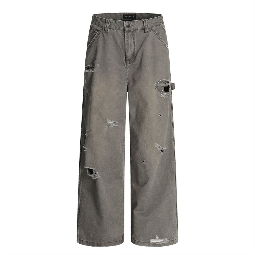 Post-apocalyptic Style Beggar Ripped Jeans Men's Street Fashion Niche Heavy-duty Washed Destroyed Straight Loose_mkmklike.com