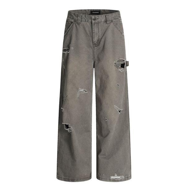 Post-apocalyptic Style Beggar Ripped Jeans Men's Street Fashion Niche Heavy-duty Washed Destroyed Straight Loose_mkmklike.com