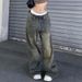 Women's Clothing Street Washed Old Letter Print Jeans Low Waist Loose Wide Leg Drag Casual Trousers_mkmklike.com