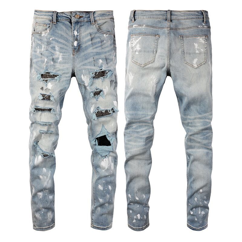 Men's Clothing Graffiti Slim High Street Jeans Paint Diamond Hole Patch Pants_mkmklike.com