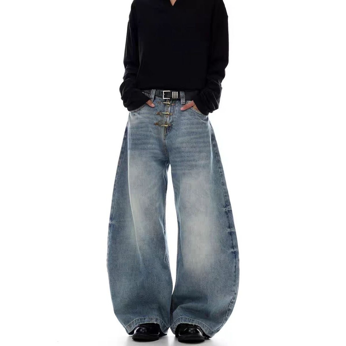Vintage Washed Baggy Jeans With Cat Whisker & Airplane Button – Unisex Relaxed Fit Distressed Denim Pants_mkmklike.com