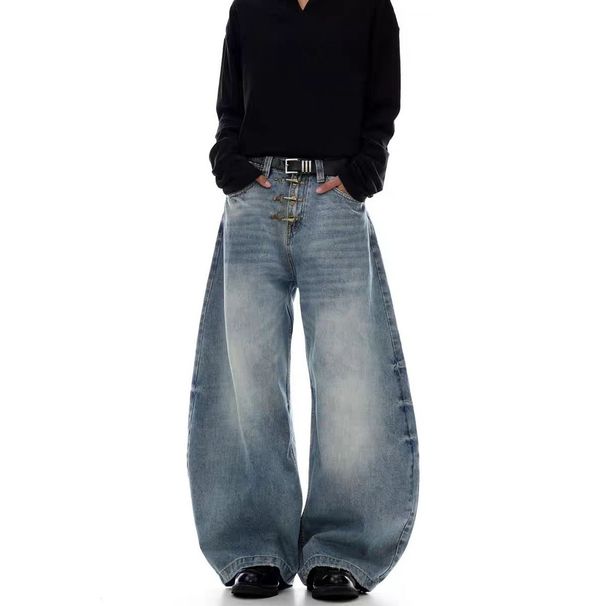 Vintage Washed Baggy Jeans With Cat Whisker & Airplane Button – Unisex Relaxed Fit Distressed Denim Pants_mkmklike.com