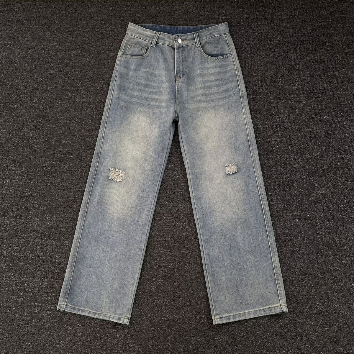 Vintage Washed Denim Jeans For Men - Distressed Wide Leg Relaxed Fit Casual Pants With Ripped Details_mkmklike.com