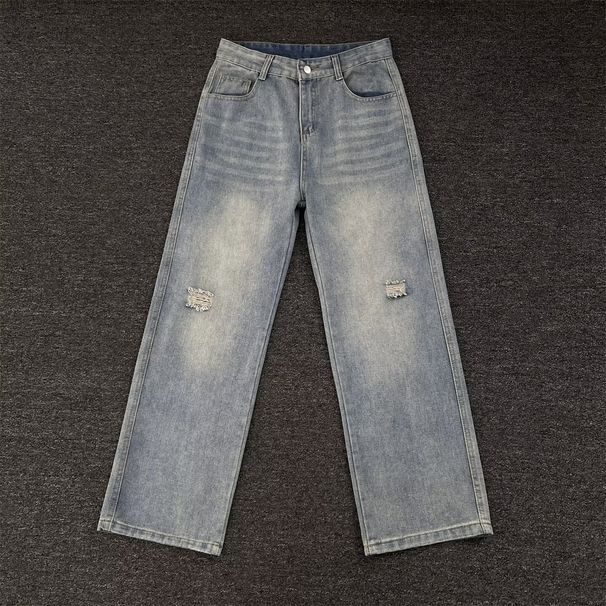 Vintage Washed Denim Jeans For Men - Distressed Wide Leg Relaxed Fit Casual Pants With Ripped Details_mkmklike.com