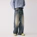 Men's High Street Distressed Jeans - Heavyweight Washed Denim Pants With 3d Cat Whisker Design, Straight Leg Fit_mkmklike.com