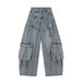 Unisex Cargo Denim Pants With Multi-Pocket & Distressed Details, Loose Fit Wide Leg Jeans For Streetwear Style_mkmklike.com