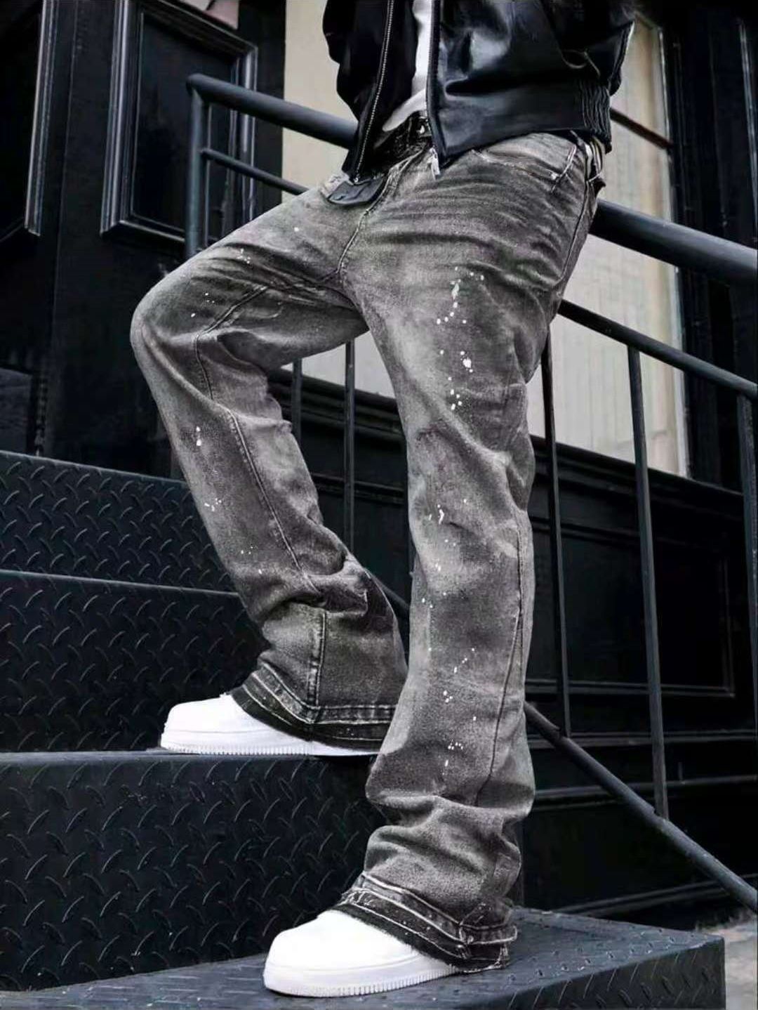 Men's Clothing Popular American Retro Washed Distressed Gray Splatter Paint Curved Blade Jeans Men's Trendy Loose Wide Leg Pants_mkmklike.com