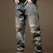 American Old Ripped Jeans Men's Winter Loose Straight Large Size Heavy Retro Patch Trend Long Pants Men_mkmklike.com