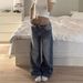 Women's Sexy Low-Waisted Jeans Rhinestone Embroidered Heavy Duty Hot Fix Fashionable Loose Straight Leg Trousers_mkmklike.com