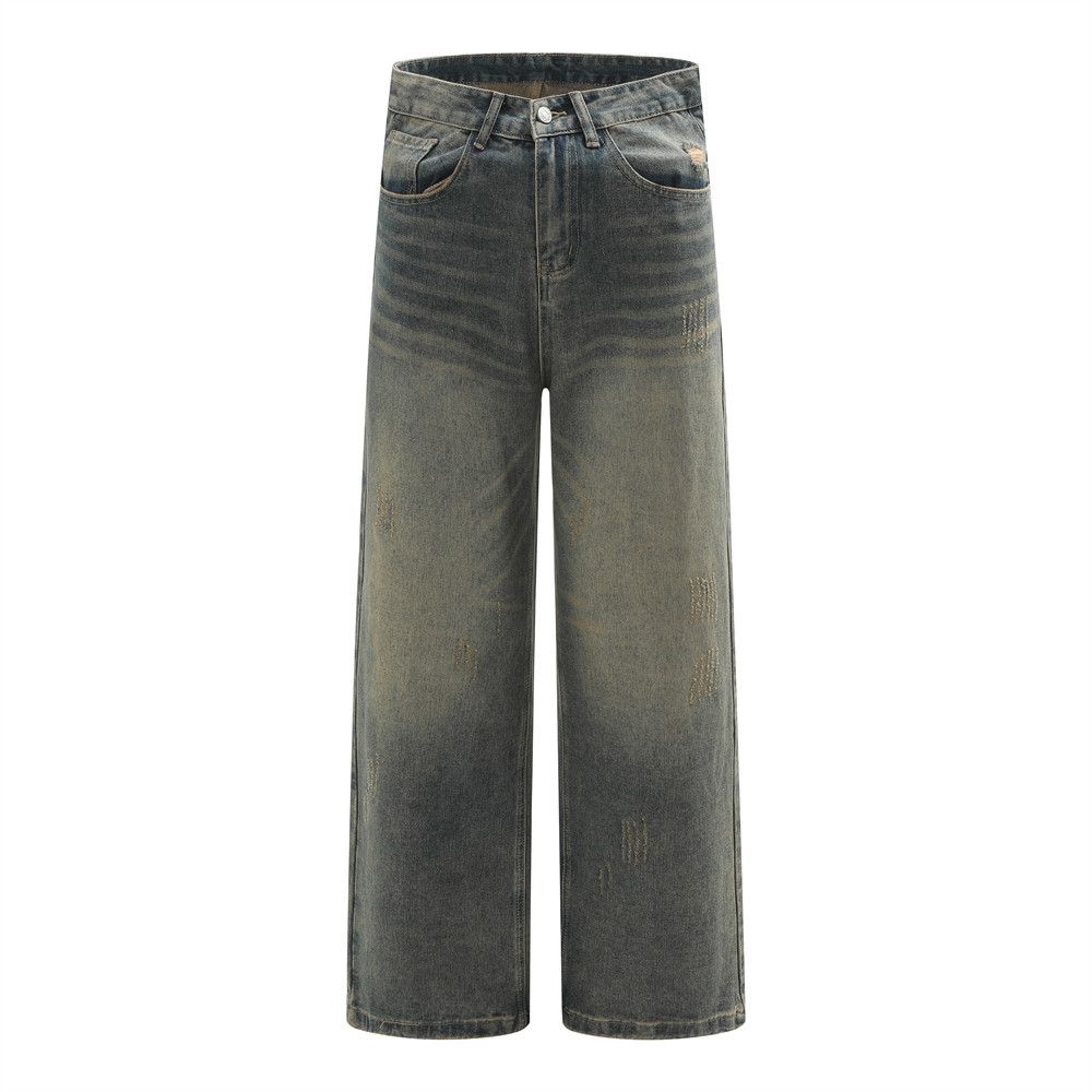 Punk Vintage Washed Loose Straight Jeans Men's Wide-Leg Dad Street Style Knife Cut Ripped Long Pants_mkmklike.com