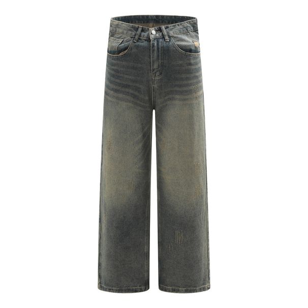 Punk Vintage Washed Loose Straight Jeans Men's Wide-Leg Dad Street Style Knife Cut Ripped Long Pants_mkmklike.com