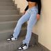 Y2K Split Hem Jeans For Women – High-Waisted Straight Leg Denim Pants, 95% Cotton Stretch, Retro Streetwear (Vintage Blue, Button Fly, Unisex Fit)_mkmklike.com