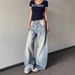 Men's Clothing Retro Distressed Scimitar Bamboo Pattern Washed Blue Jeans For Women Summer Casual Loose Wide Leg Trousers_mkmklike.com