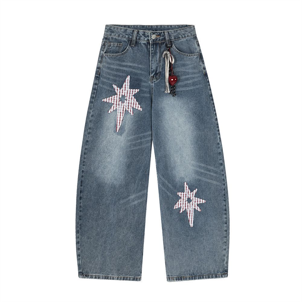 Star Patch Pendant Decorative Scimitar Jeans Men's American High Street Washed White Loose Wide Leg Long Pants_mkmklike.com