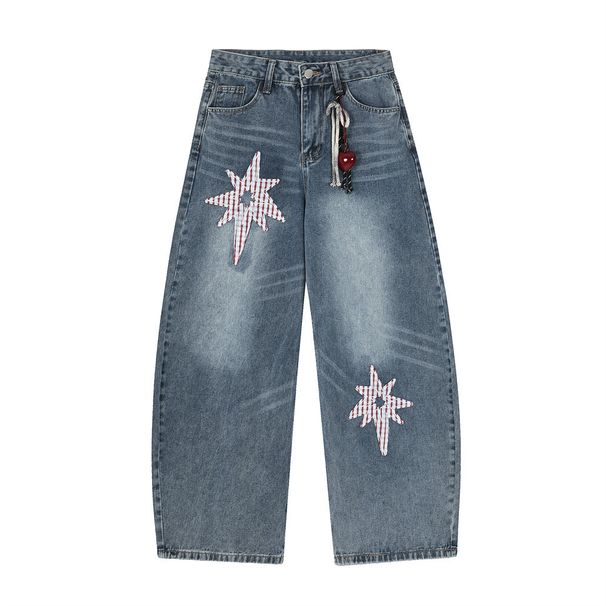 Star Patch Pendant Decorative Scimitar Jeans Men's American High Street Washed White Loose Wide Leg Long Pants_mkmklike.com