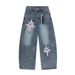 Star Patch Pendant Decorative Scimitar Jeans Men's American High Street Washed White Loose Wide Leg Long Pants_mkmklike.com