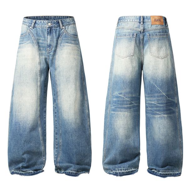 Men's Distressed Patchwork Jeans – High Street Straight-Leg Denim Pants With Sand Wash_mkmklike.com