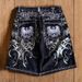 Heavy Embroidery Rhinestone Denim Shorts Trendy Harajuku Style For Men And Women Dark Color Style_mkmklike.com